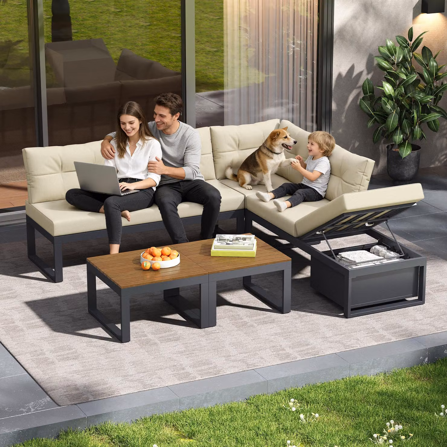 Set di mobili da giardino a L Gomyway con funzione lettino, schienali regolabili e vano contenitore, Beige – 2