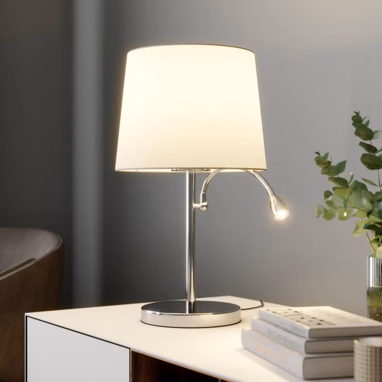 Lampada da tavolo Benjiro Lindby, Cromo / Argento, Soggiorno / Sala da pranzo, Tessuto / Stoffa / Seta, Moderno, Lampada da tavolo