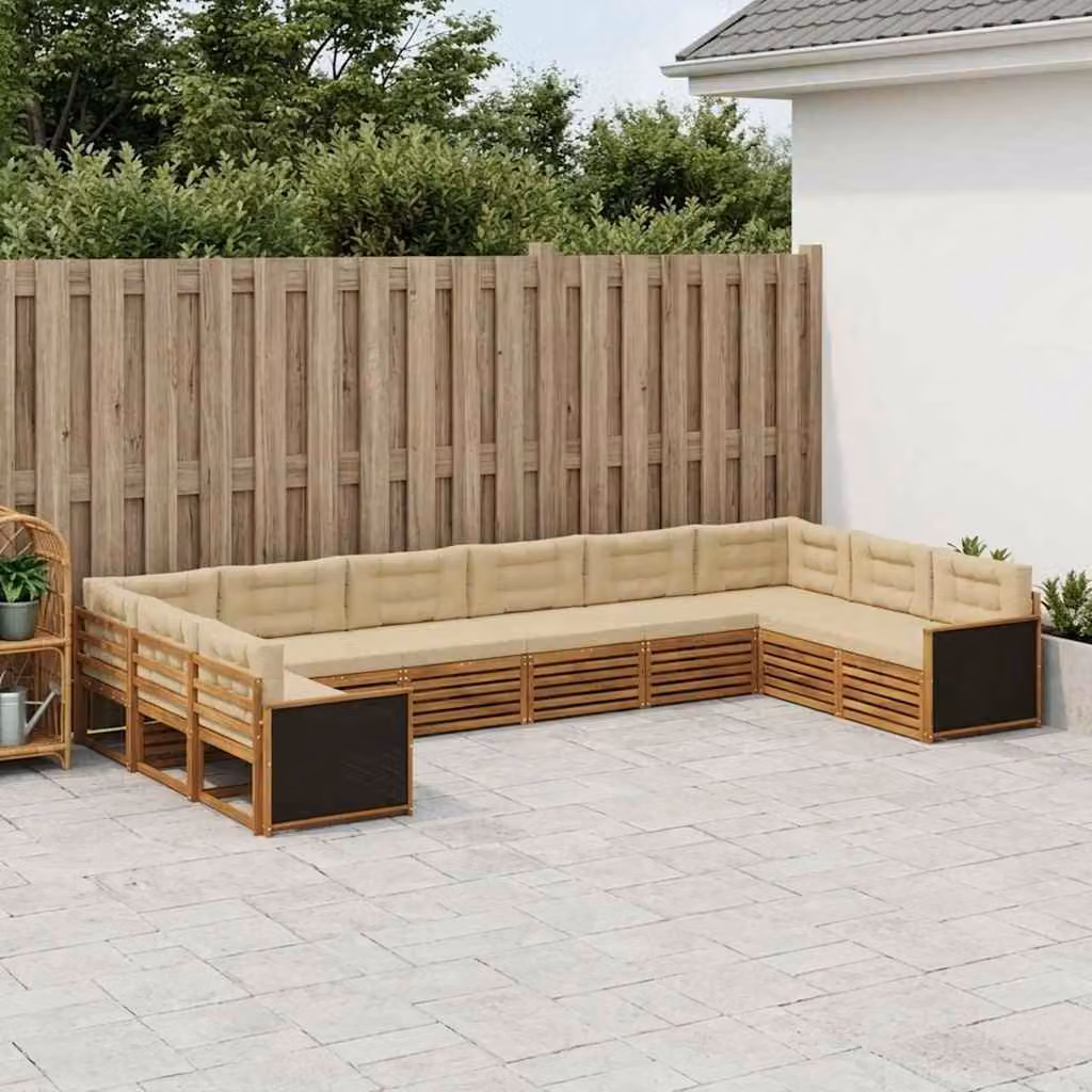 Set di divani da giardino vidaXL in legno di acacia massello, 10 pezzi, marrone e beige con cuscini inclusi