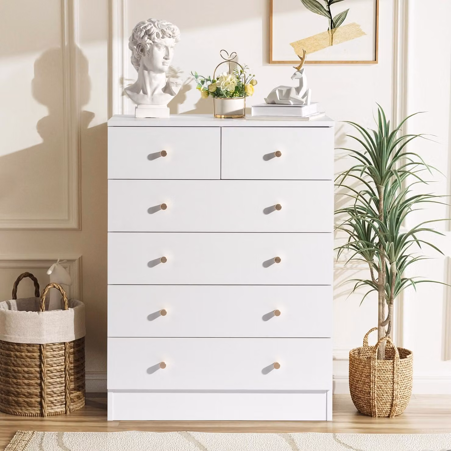 Comodino ALIGHTUP con 6 cassetti, mobiletto portaoggetti per soggiorno, bianco, 66 x 33 x 89 cm