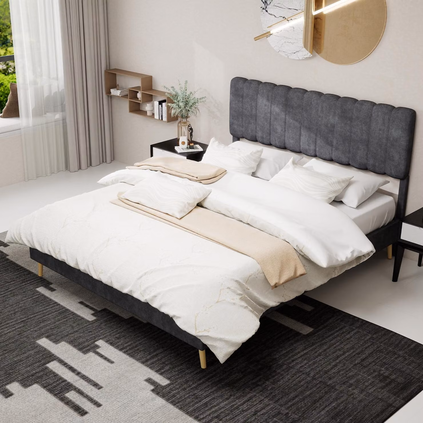 letto imbottito okwish 160x200 struttura letto per giovani con base bassa, struttura letto piatta con testata morbida, grigio (senza materasso)