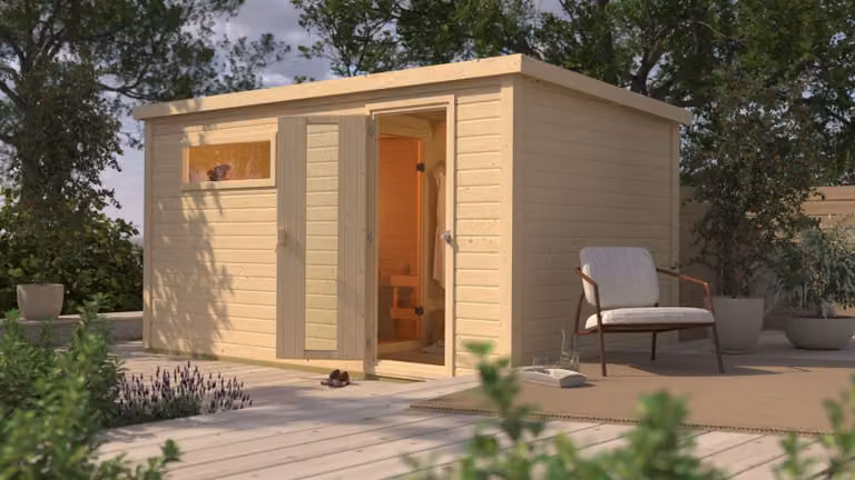 Saunahaus Hytti 6: Realizzato con materiali naturali: Stufa finlandese da 9 kW + centralina Easy Finn. Colore: Materiali naturali. Stufa per sauna: Stufa finlandese da 9 kW + centralina Easy Finn