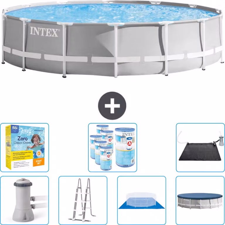 Piscina Intex Round Prism Frame - 427 x 107 cm - Grigio - inclusa pompa - scaletta - telo di fondo - pacchetto di manutenzione della copertura - filtro - tappetino solare