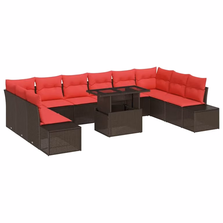Set Divano da Giardino a Forma a U vidaXL in Polyrattan Marrone con Cuscini e Tavolino da Esterno