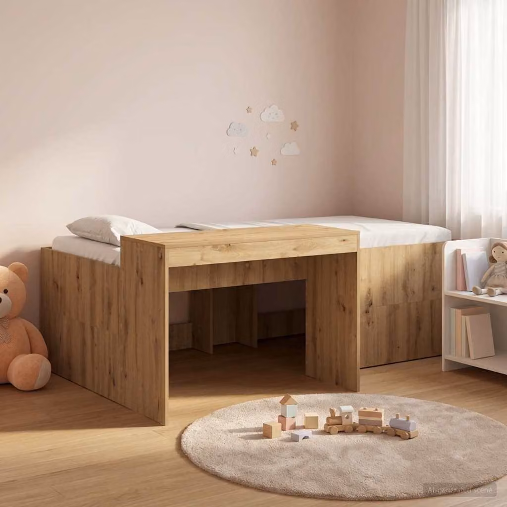 Letto alto singolo per bambini con scrivania vidaXL in legno color rovere artigianale L/P/H: 193 x 120 x 118,5 cm