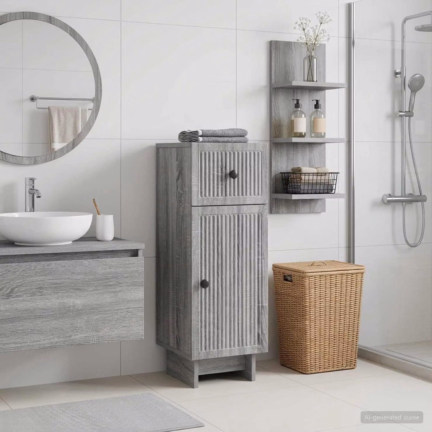 Mobiletto da bagno moderno vidaXL EDE in legno e metallo grigio L: 30 cm, P: 31 cm, H: 80 cm