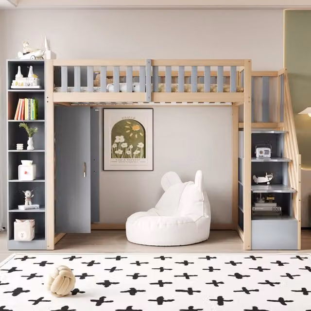 Letto a Soppalco 90x200 cm con Armadio e Mensole; Struttura in Legno Massello; Scala con Cassetti; Grigio e Legno Naturale