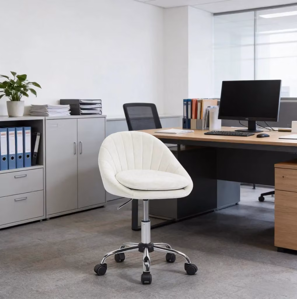 Sedia da ufficio ergonomica moderna in velluto beige con base in metallo e rotelle, girevole a 360 gradi per casa e ufficio – 2
