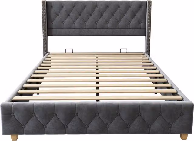 Letto imbottito in velluto grigio 140x190 cm con rete a doghe e testiera capitonnè