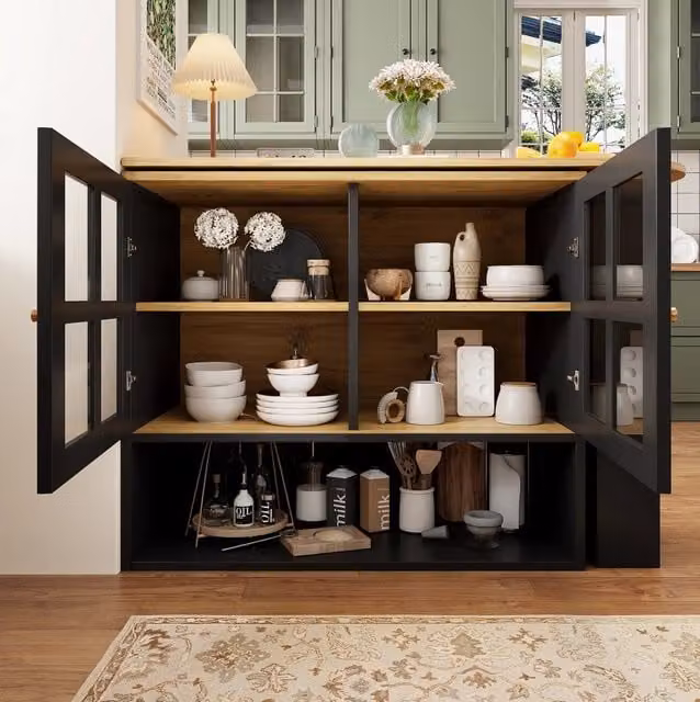 Tavolo bar girevole ed estensibile 138-204 cm nero con vetrina