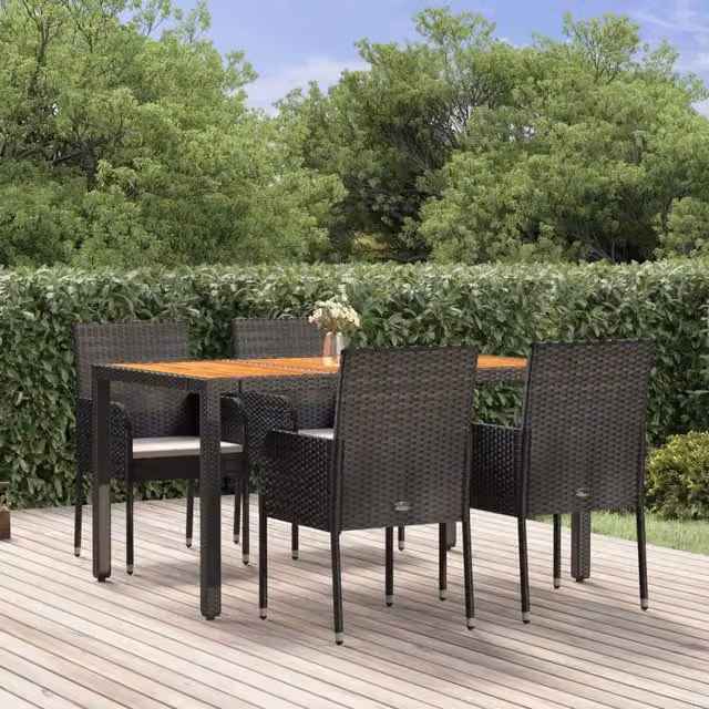 Set da Pranzo da Giardino 5 pz Nero con Cuscini in Polyrattan 3185013