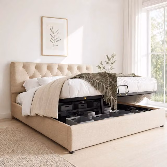 Letto matrimoniale imbottito 160x200 cm con contenitore; testiera regolabile e materasso