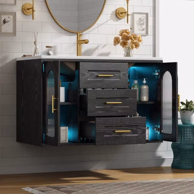 Mobile bagno sospeso 76 cm con lavabo, finitura legno nero, porta vetro rigato, illuminazione LED, ripiani regolabili e cassetti. Senza rubinetto