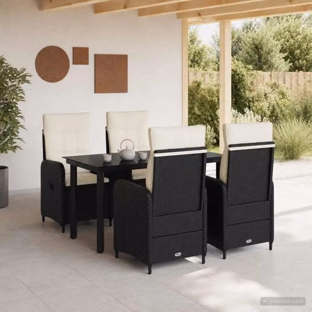 Set da Pranzo per Giardino 5 pz Nero e Bianco Crema polyrattan 3422480
