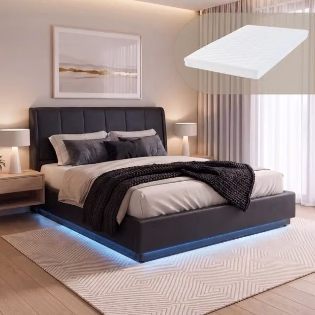 Letto Matrimoniale Contenitore Tröstiar a Luce LED con Materasso 160x200 cm - Similpelle Nero [en.casa]