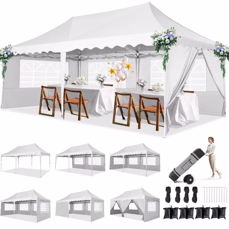 Gazebo da esterno impermeabile 3x6 metri, stabile, ideale per feste, con struttura pop-up e 6 pareti laterali, colore bianco