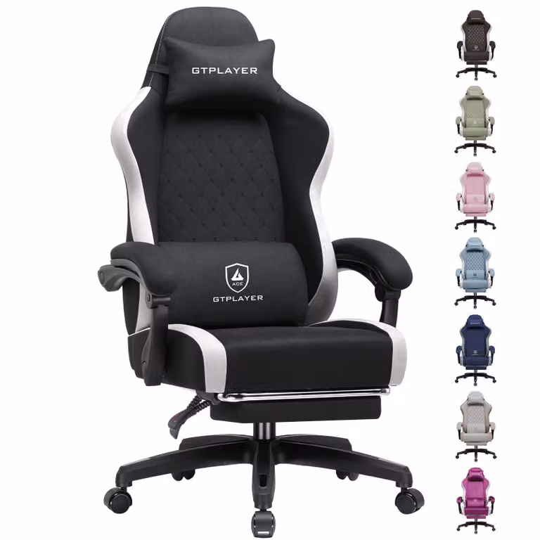 Sedia da gaming GTPLAYER: sedia ergonomica per PC in tessuto traspirante, sedia da scrivania girevole, ampia e alta, con poggiapiedi, nera