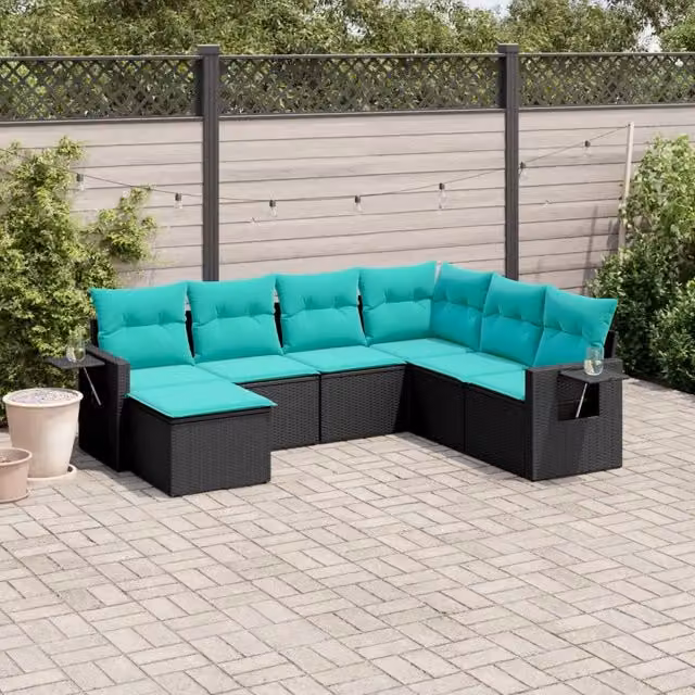 Set di Divani da Giardino vidaXL in Polyrattan Nero con Cuscini e Ottoman 7 Pezzi