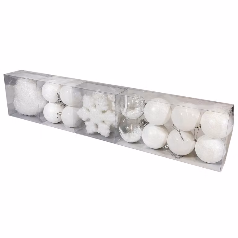 Set di decorazioni natalizie Vestiamo Casa, 16 pezzi bianchi con palline, fiocchi di neve e cuori in plastica