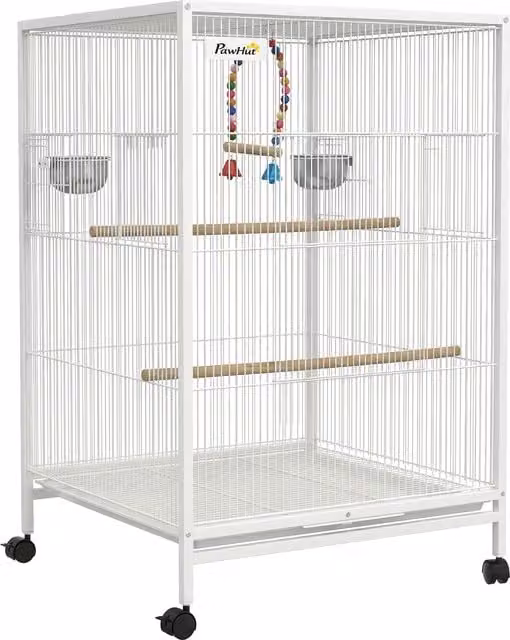 Gabbia per uccelli PawHut con ruote, ciotole, posatoi, dondolo e vassoio estraibile, colore bianco, L 46 cm x P 46 cm x H 78 cm