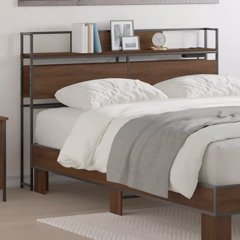 Testata del letto con contenitore vidaXL in legno ingegnerizzato e metallo, colore marrone opaco, con ripiano integrato e porta di ricarica USB, L 120 cm x H 98 cm x P 12,5 cm