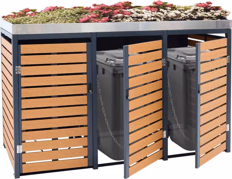 contenitore a 3 scomparti HWC-K14, contenitore con fioriera, 124x200x84cm WPC acciaio inox 107kg ~ look teak