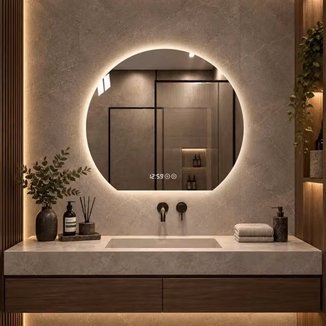 Specchio Bagno LED 80 cm Rotondo con Luce Dimmerabile 3 Colori; Display Orologio e Temperatura; Antiappannamento; Vetro Argento 5 mm