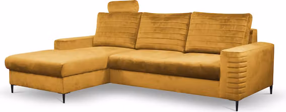 Divano angolare "Collin" Divano angolare funzione letto giallo senape / piedi oro Recamiere sinistra