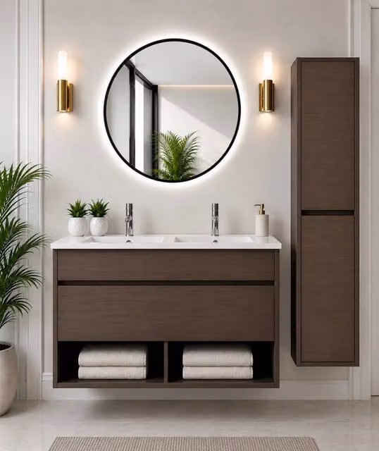Mobile bagno sospeso con lavabo ORIGENBATH NEBARI con cassetto con colonna 120x45 cm doppio lavabo frassino tea con colonna
