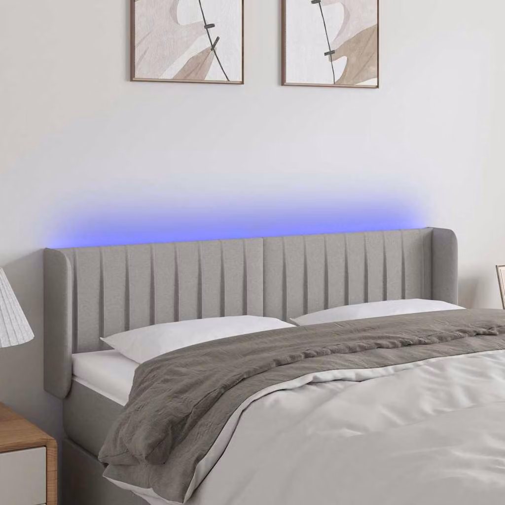 Testiera per letto vidaXL in tessuto grigio chiaro con illuminazione LED e porta USB, L: 147 cm, P: 16 cm, H: 78-88 cm
