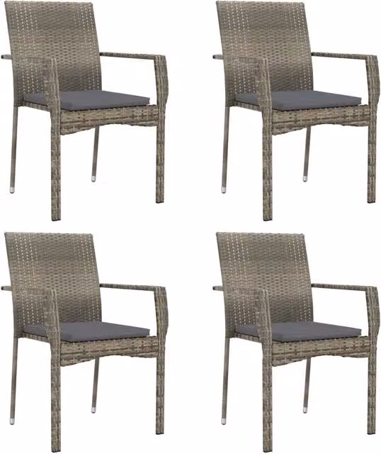 Set di 4 sedie da giardino in polyrattan grigio con cuscini e braccioli per esterno