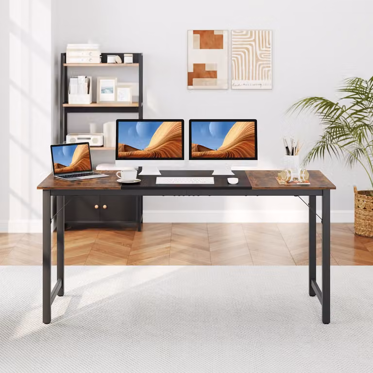 Scrivania da ufficio industriale Costway in legno e metallo marrone con struttura a X per home office e sala conferenze