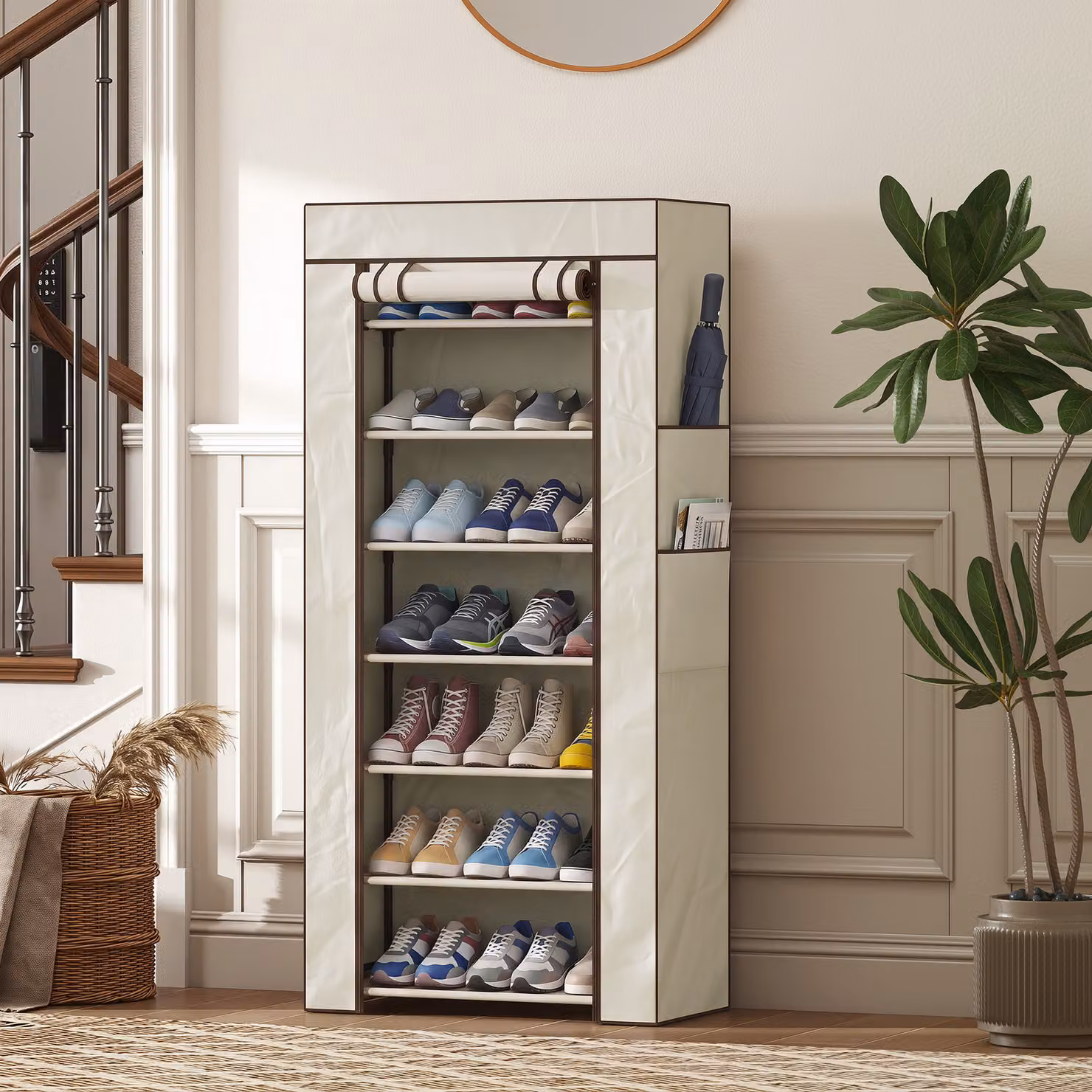 Scarpiera slim HOMCOM con 7 ripiani per 14-21 paia di scarpe, copertura in TNT e 2 tasche, beige – 2
