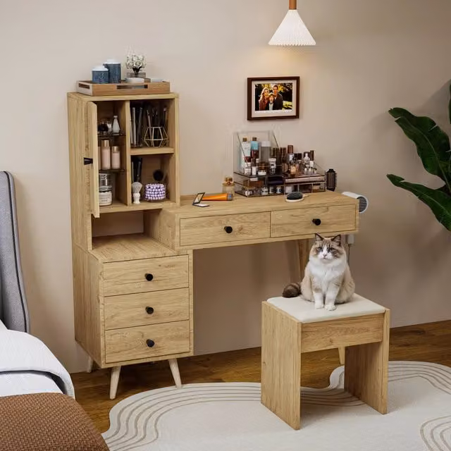 Toeletta Mivray con specchio a scomparsa, piano estensibile, 5 cassetti e mobile laterale in legno beige
