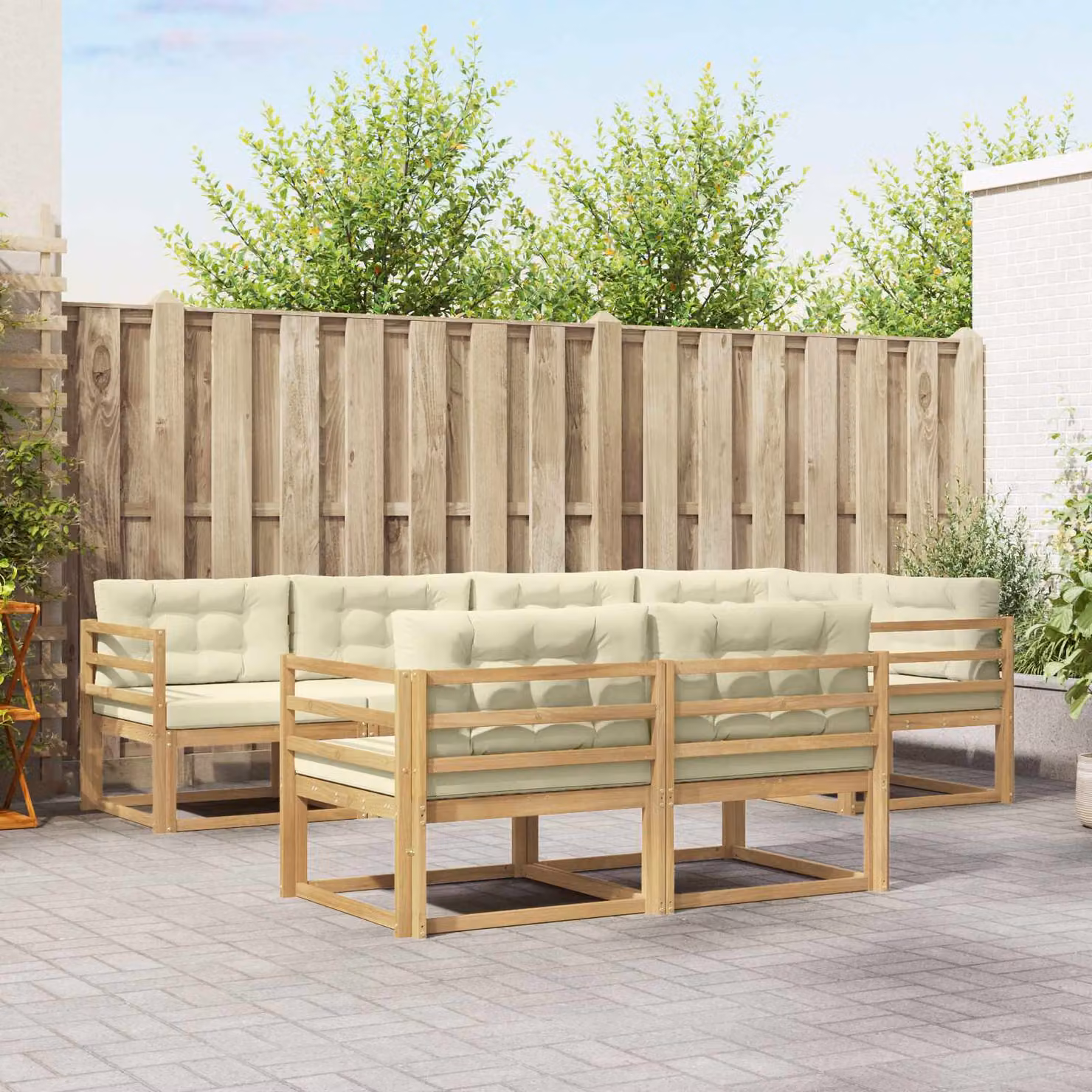 Set di divani da esterno vidaXL a forma di U composto da 6 pezzi in legno di acacia con cuscini bianchi e beige
