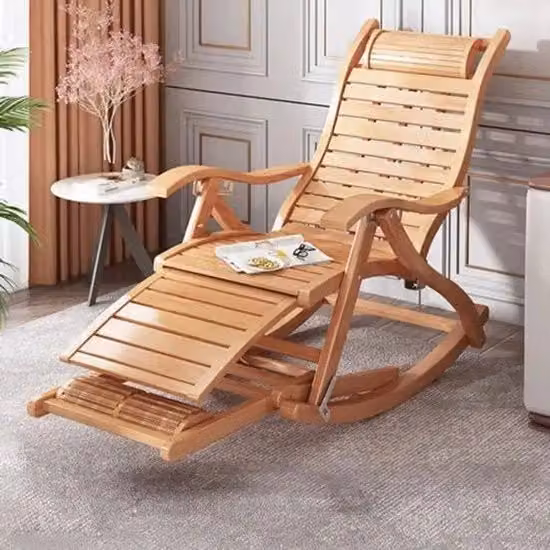 Sedia da giardino pieghevole - Sedia a dondolo - Regolabile in 5 posizioni di riposo - Con supporto per le gambe - Bambù - Capacità massima di carico 200 kg - 95x54 cm