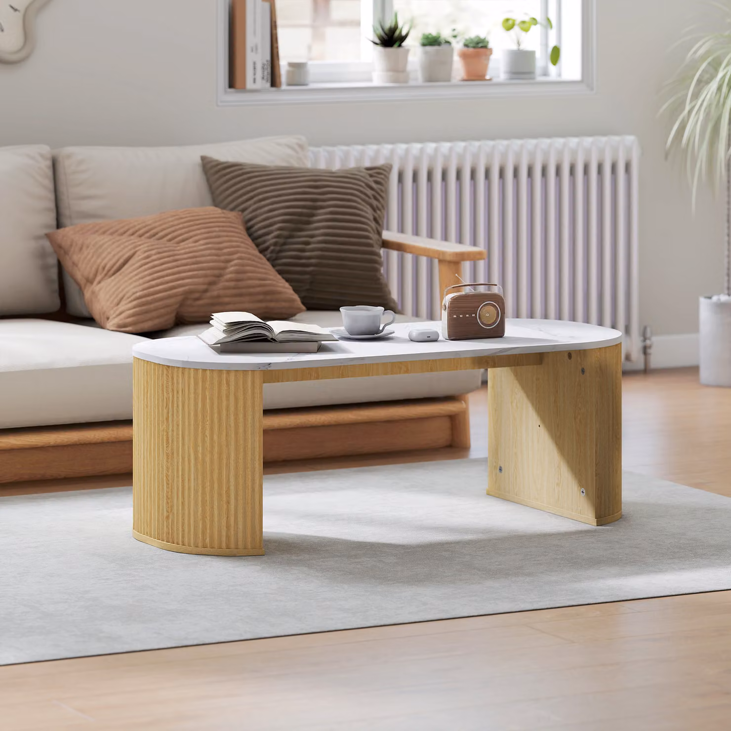 Tavolino ovale HOMCOM con effetto marmo bianco e angoli arrotondati, L: 110 cm, P: 50 cm, H: 40 cm – 2