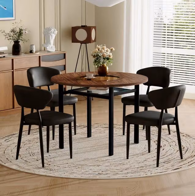 Set tavolo rotondo Ø100 cm con sedie in PU nero, piano MDF marrone e inserto in vetro
