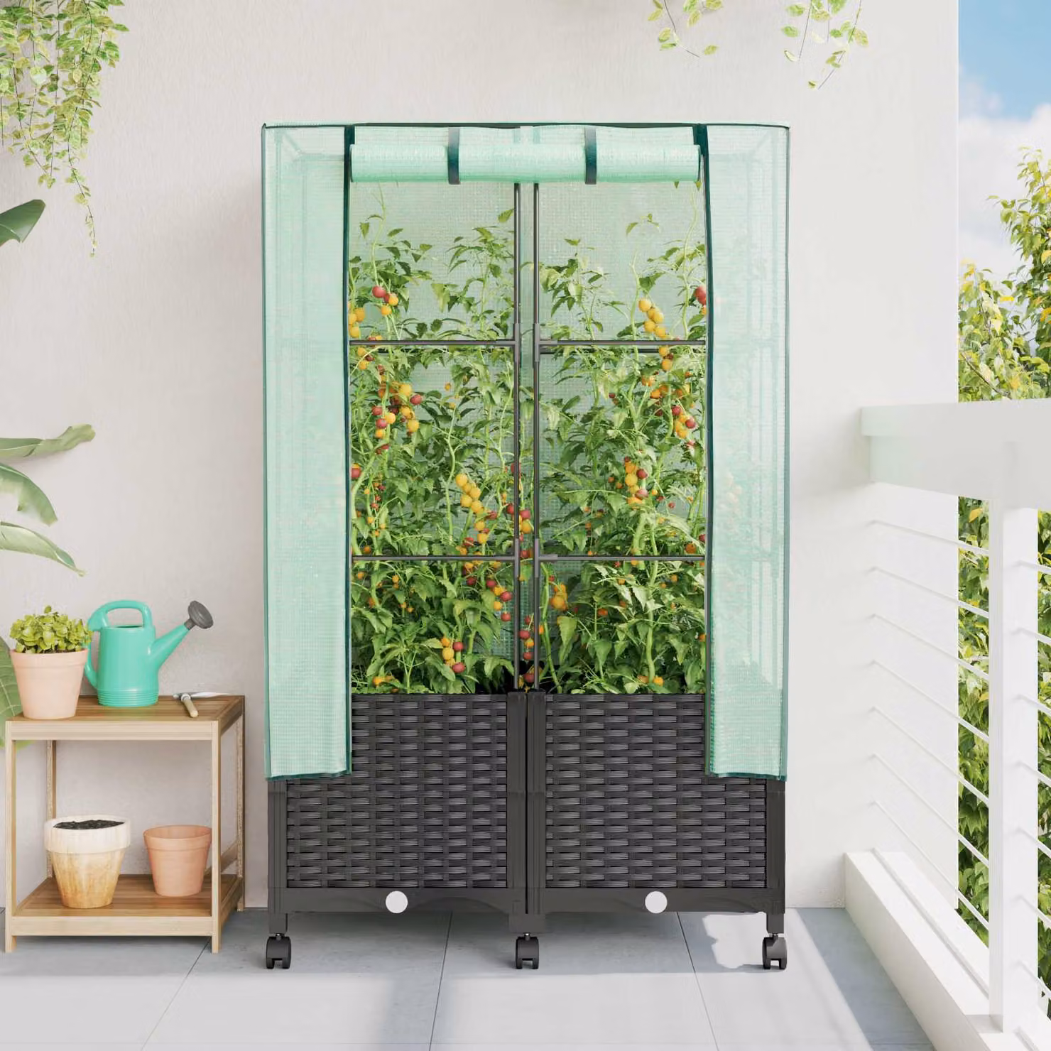Set di 2 vasi da giardino con copertura per serra e ruote vidaXL, colore nero, in plastica