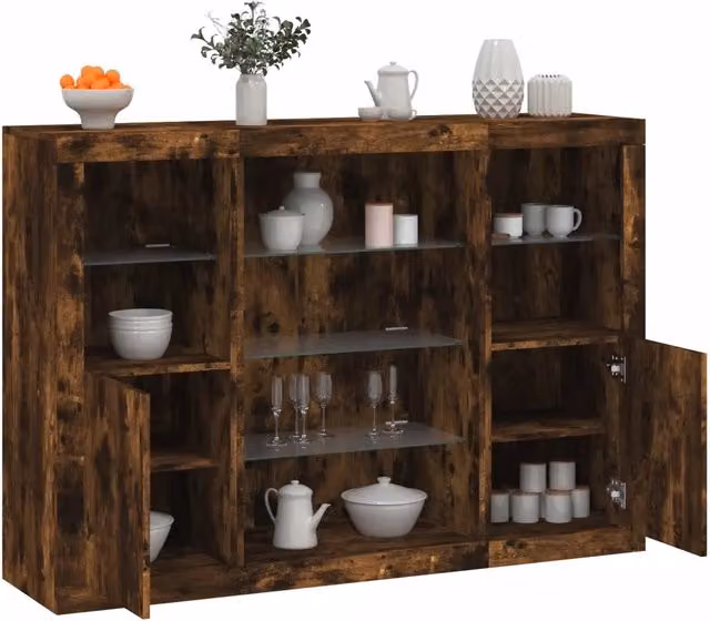 Set di 3 credenze moderne vidaXL in legno multistrato color rovere fumo con luci LED integrate per sala da pranzo