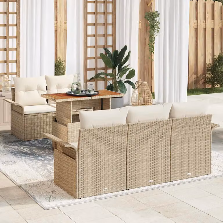 Set Divano da Giardino vidaXL 6 pz in Polyrattan Beige e Bianco con Cuscini e Tavolino