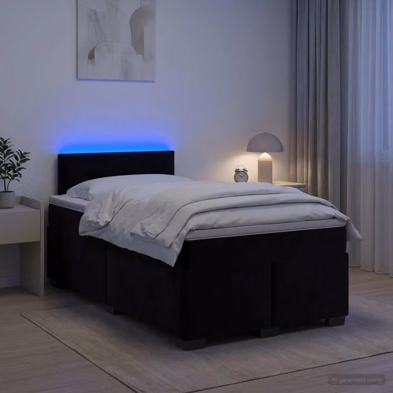 Letto a molle con materasso e illuminazione LED, colore nero, 120 x 190 cm, rivestito in velluto