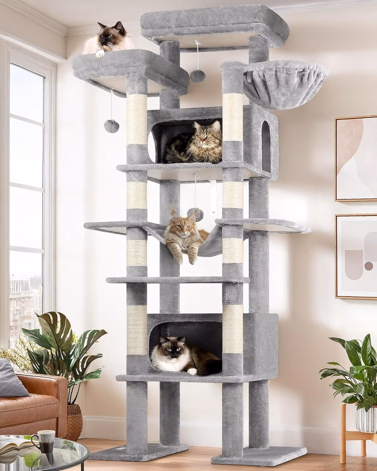 Albero per gatti - Tiragraffi - Arredamento per gatti - Palo per arrampicata - Casetta per gatti - XXL, 213 cm di altezza - 2 ampie casette per gatti