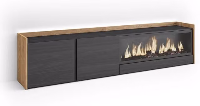 Mobile TV Soggiorno, 212x50x35 cm, Per TV fino a 80", Camino elettrico XXL, LED, Nero e rovere