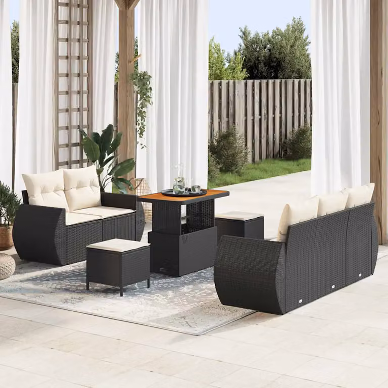 Set Divano da Giardino 8 Pezzi vidaXL in Polyrattan Nero con Cuscini e Tavolino da Esterno