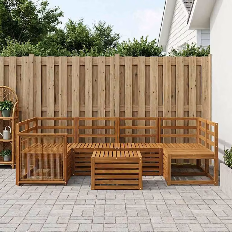 Set di divani da esterno vidaXL 7 pz a forma di U in legno di acacia massello marrone con cuscini inclusi e tavolino da caffè