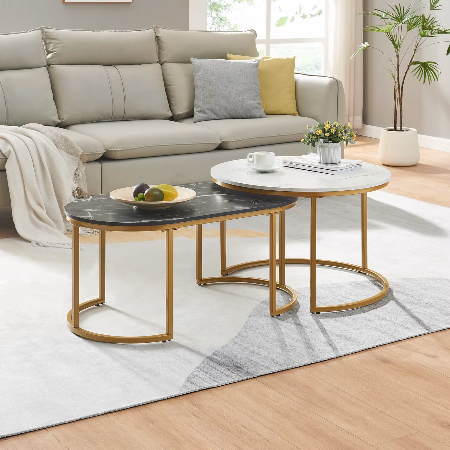 Set tavolo 'Oppeerg' set di 2 strutture in metallo effetto marmo, nero-bianco-oro