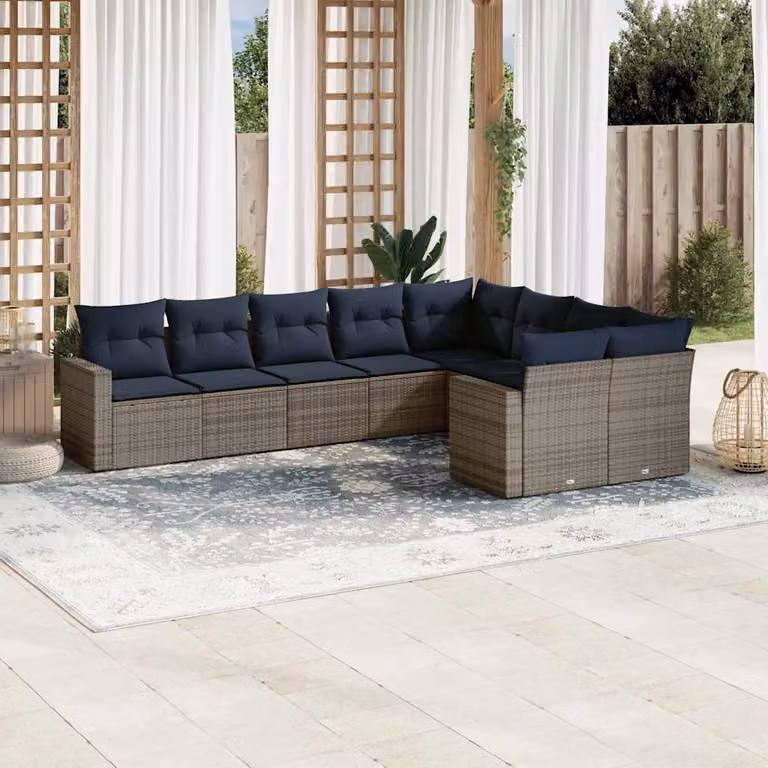 vidaXL Set Divani da Giardino a L 9 pz in Polyrattan Grigio con Cuscini e Coperture Rimovibili