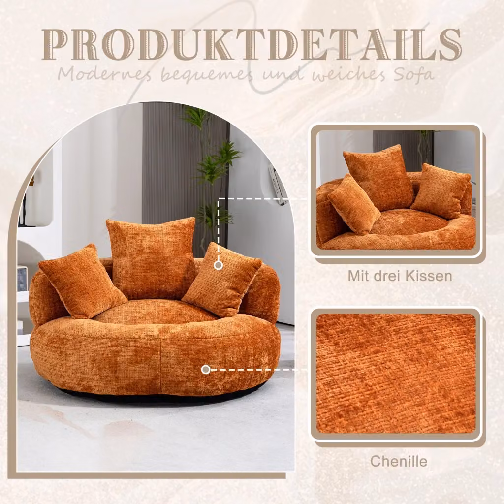 Poltrona sacca relax REDOM in tessuto chenille arancione L: 108 cm, P: 108 cm, H: 52 cm – 2