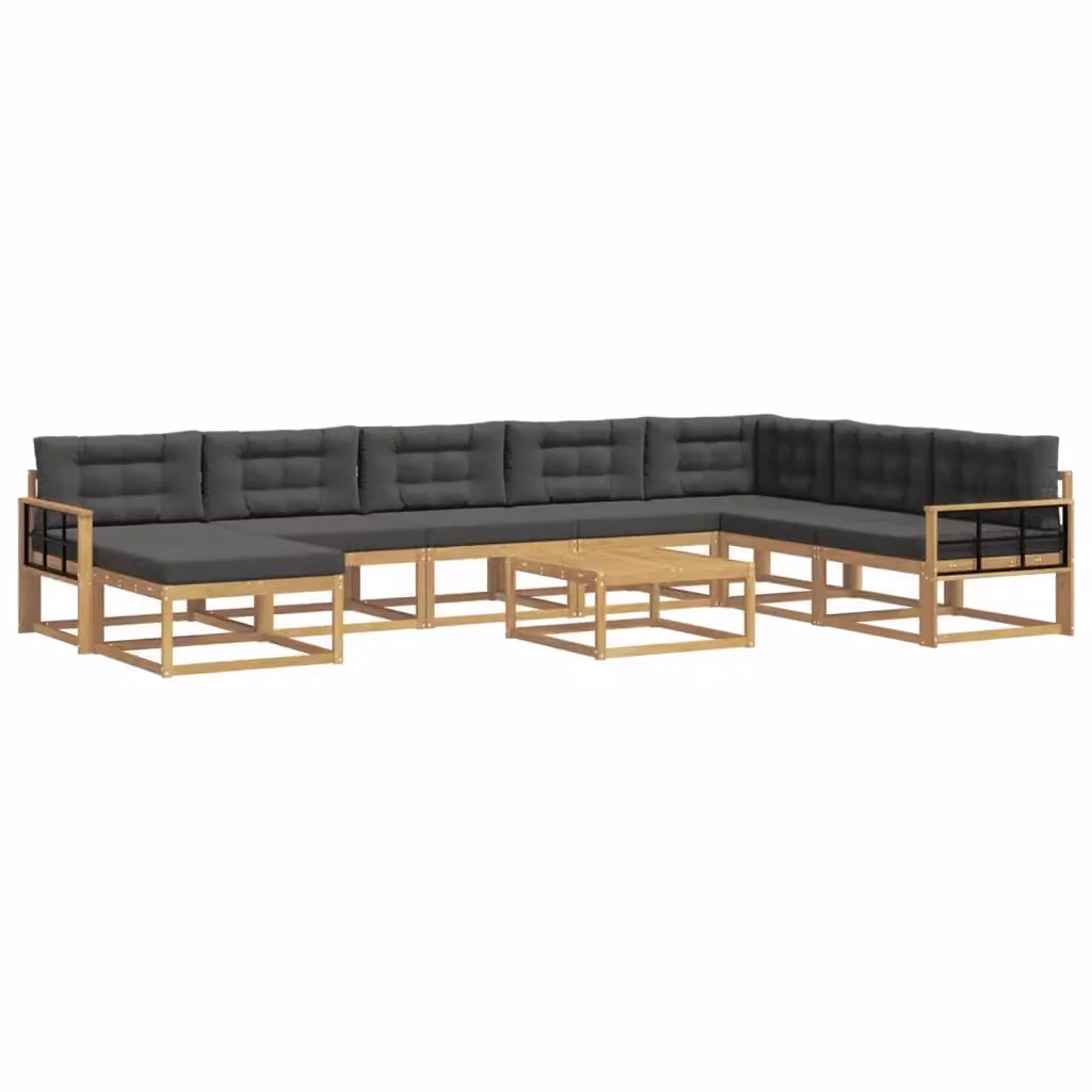 Set di divani da esterno a L vidaXL in legno di acacia con cuscini, tavolino e pouf, Bianco e Antracite – 2